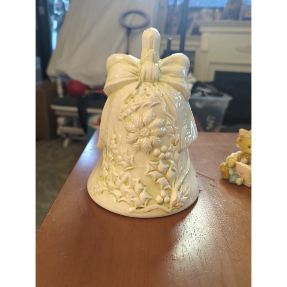 Vintage Ceramic Christmas Bell Figurine White And Soft Green Seasons Greetings
